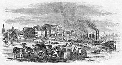 Drawing of the levee along the Mississippi in 1857 showing steamboats and commercial buildings