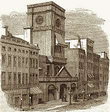 1868 drawing of a street scene in front of the altered but recognizable exterior of the 1839 church
