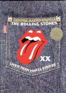 A pair of blue jeans are mocked up with the Rolling Stones lips logo on the pocket and the tag "Liver" made to resemble the Levi's jeans logo. On the jeans are stamped "ORIGINAL MASTER BOOTLEG / THE ROLLING STONES / XX / LIVE'R THAN YOU'LL EVER BE".