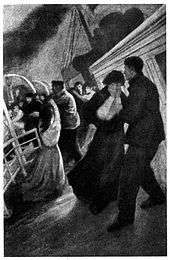 Illustration of a weeping woman being comforted by a man on the sloping deck of a ship. In the background men are loading other women into a lifeboat.