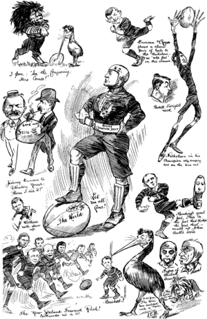 Various caricatures of rugby footballers, most prominent is a player standing proudly with one foot on a football; on the football is written "The World", and on the player's headgear "NZ" [New Zealand].