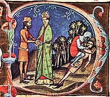 Illuminated manuscript with bishop, a man and a soldier blinding Peter