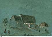 Gouache sketch on coloured board of the Reverend T. Q. Stow's temporary Congregational Chapel (seen at night) on North Terrace, Adelaide, built in 1837.