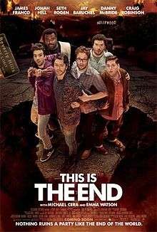 Six worried-looking men stand on a suspended part of a street over a fiery pit. The primary cast members are listed across the top, and the tagline "Nothing ruins a party like the end of the world" is at the bottom.