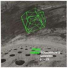 A box drawn from a series of green lines against a grey background. Light green bold text to the bottom right reads "Thom Yorke"; white bold text beside it reads "Tomorrow's Modern Boxes".
