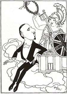 caricature of a middle-aged man in evening clothes and a youngish woman dressed as Britannia
