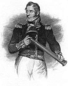 Print shows a man with sideburns in a dark military coat and white breeches looking to the viewer's left. The naval officer holds a spyglass in both hands.