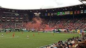 Fans celebrating after a goal in Portland, Oregon.
