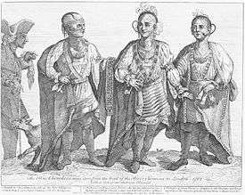 Woodcut of three Cherokees in native dress: Outacite, Austenaco and Standing Turkey