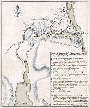 A hand-drawn manuscript map. The northern end of Lake George is visible at the bottom of the map, with the short La Chute River going north and east to join with a narrow section of Lake Champlain.  A trail is marked from the northern end of Lake George to the area near Fort Ticonderoga, which is located to the north of the mouth of the La Chute.  Military lines are drawn near the fort, and there are other map elements that are labeled by letters.  There is a key explaining the letters in the lower-right section of the manuscript.