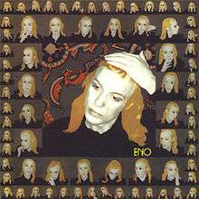A picture of the album cover depicting a large image of Brian Eno with his hand on his forehead. Surrounding this photo is a frame of twenty unique photos of Eno. Surrounding that frame are 52 smaller unique pictures of Eno.