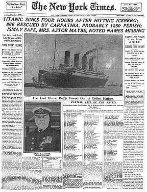 The episode references the front page of The New York Times on April 15, 1912, reporting the .