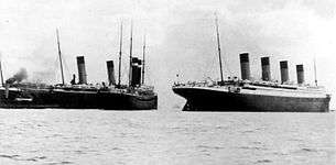 Titanic (right) after the near-collision with  (left, together with  to the far left)
