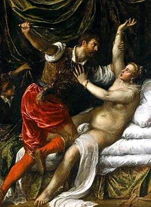 Tarquin attacking nude Lucretia with a dagger