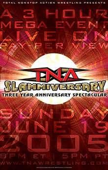 A poster with a gold logo saying "Slammiversary" and a red backdrop