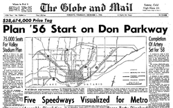 Front page of Globe and Mail newspaper with map in centre of Toronto, showing planned highway corridors