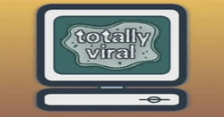A cartoon-like image of a white computer in front of a sand-coloured background, with the words "totally viral" on its screen.