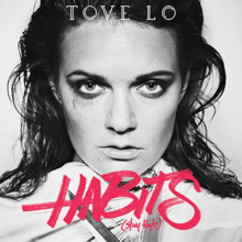 Artwork for "Habits (Stay High)". A black-and-white image of Tove Lo holding scissors.