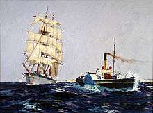 An oil painting of a multiple masted sailing vessel casting off from being towed by a steam-powered paddle tug