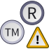 An "R" in a circle, a "TM" in a circle, and an exclamation mark in a warning triangle.