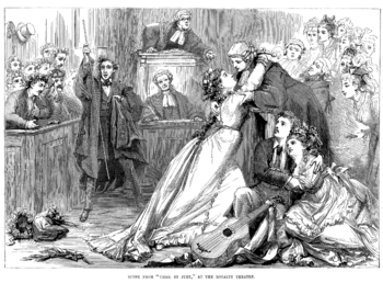Contemporary steel engraving illustrating the operetta. In the court, the defendant, with his guitar, clings to his new love. The jilted bride throws herself into the arms of the counsel while the judge gestures his displeasure and the usher tries in vain to control the ensuing disorder among the jury and spectators.