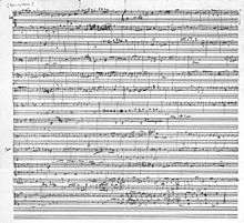  A hand-written musical score of with ten lines of treble and bass