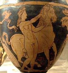 A naked youth holds the reins of a horse. He is naked apart from sandals and some a crown or garland on his head. Behind him is a shield, the aegis of Athena