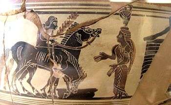 A picture on several pottery fragments. A youth rides one of two horses. He talks to a woman with a vase on her head. Behind the woman is some sort of structure. One of the horses is drinking from a bowl.