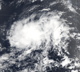 Satellite image of elliptical cloud pattern with no clear center