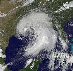 A satellite image depicting a subtropical cyclone prior to making landfall in Louisiana.