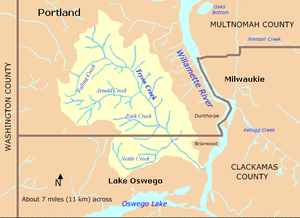 The Tryon Creek watershed, shaped roughly like a leaf tapering to a stem at the mouth on the Willamette River, lies mostly in Portland and Multnomah County and partly in the city of Lake Oswego and Clackamas County. Oswego Lake is to the south, and the Willamette River is to the east. The city of Milwaukie is also to the east, on the far side of the river. The larger tributaries,  Nettle Creek, Park Creek, Arnold Creek, and Falling Creek, flow roughly west to east before entering the creek.