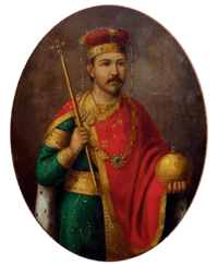 Modern painting of a standing man dressed in a green tunic, red cape, holding a sceptre and globus cruciger and wearing a gold-and-red crown