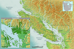 A map of Vancouver Island and the Lower mainland, with a dark patch showing Tsawwassen land