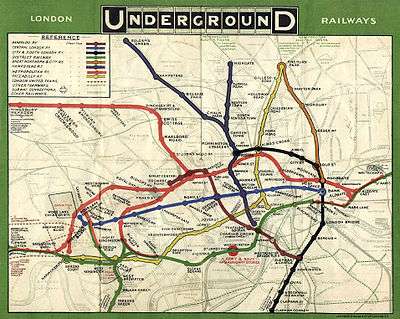 Map, titled London Underground Railways, showing the various lines of the underground system in central London, each in a different colour