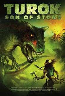 A giant dinosaur roars at an Indian warrior armed with a tomahawk and spear in front of a prehistoric landscape, with the words "Turok: Son of Stone" in the foreground