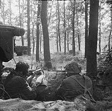 Two men armed with Sten guns, facing away from the camera in woods