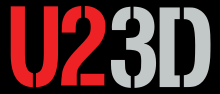 A wordmark in a stencil-like typeface with "U2" in red and "3D" in silver in front of a black background.
