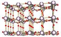 Ball and stick model of layered crystal structure containing two types of atoms.