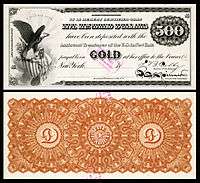 $500 Gold Certificate, Series 1865, Fr.1166d, with a vignette of an eagle and shield (left).