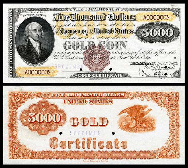 $5,000 Gold Certificate, Series 1882, Fr.1221a, depicting James Madison