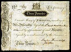 Three pounds sterling colonial banknote signed by  Peyton Randolph and John Blair Jr.