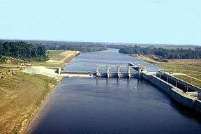 A lock and dam on a medium-sized river