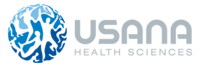 A blue globe with "USANA Health Sciences" in a gray font, USANA's current corporate logo.