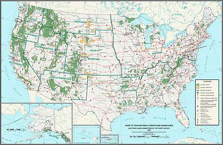 A map of the United States showing the locations of the National Forests and National Grasslands