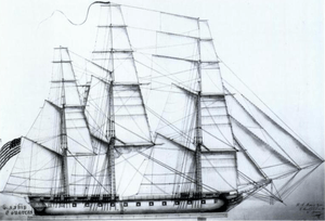 A black and white drawing of a ship's sails. The ship has 3 masts in which all sails are set and full of wind. The bow of the ship is pointed to right of the frame.