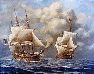 The frigate USS Constellation unleashes a broadside upon the French frigate L'Insurgente in the open sea.