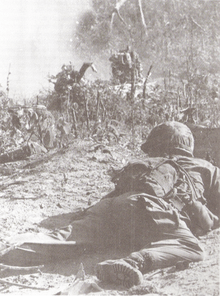 A soldier laying prone on the ground with his back to camera. Through the broken foliage and smoke other soldiers can be seen.