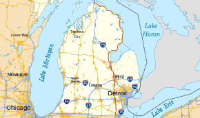 US 23 runs through the Lower Peninsula of Michigan from the Ohio state line north to the Saginaw Bay area, and then follows the Lake Huron shoreline to the northern tip of the peninsula.