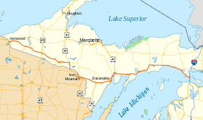 US 2 runs through the southern part of Michigan's Upper Peninsula parallel to the Wisconsin state line and the Lake Michigan shoreline