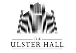 Black geometric logo on white background, the stylised pipes of a pipe organ. The words "The Ulster Hall" are underneath, also in black.